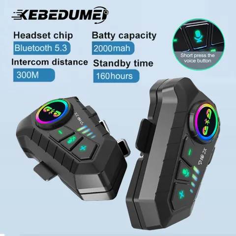 KEBIDUMEI Motorcycle Helmet Intercom BT 5.3 Headset 300M Waterproof 2 Riders