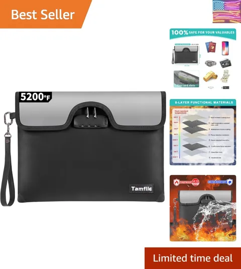 5200°F Fireproof Money Bag with Lock, Water Fireproof Document Bag with Zippe...
