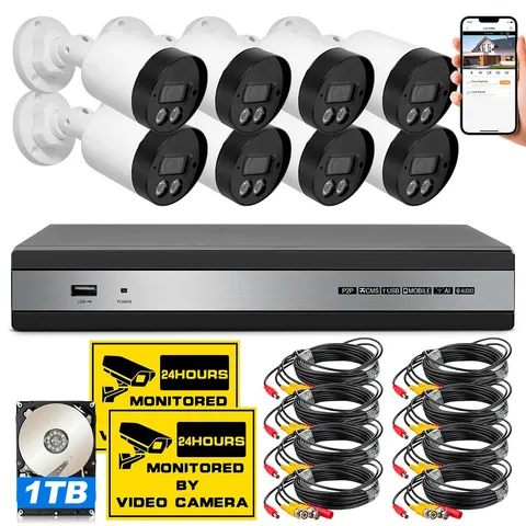 Home Outdoor Security Kit 8CH 5MP Camera 6-in-1 DVR 24/7 Night Vision 1TB HDD