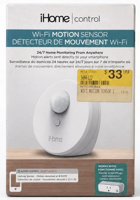 iHome ISB01 Wi‑Fi Wireless Motion Sensor No Hub Battery Instant Alert White