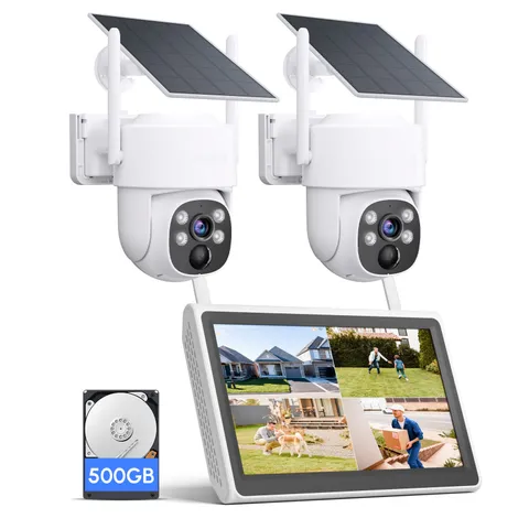 Solar Security Camera System 10" Monitor, 2pcs 2K Cams for Home Security