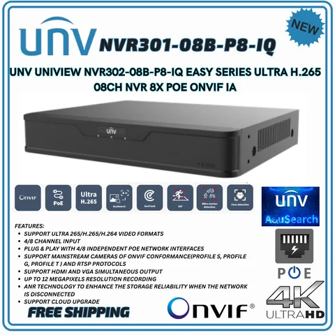 Uniview NVR301-08B-P8-IQ 8CH AI NVR  8PoE Ultra 265 Compression NO HDD INCLUDED