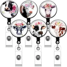 6 Pieces Cow Badge Reels Cute Retractable Nurse Badge Holder Pulls with Clip ...