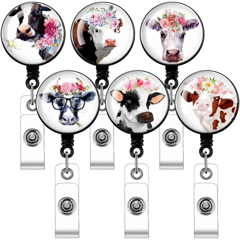 6 Pieces Cow Badge Reels Cute Retractable Nurse Badge Holder Pulls with Clip ...