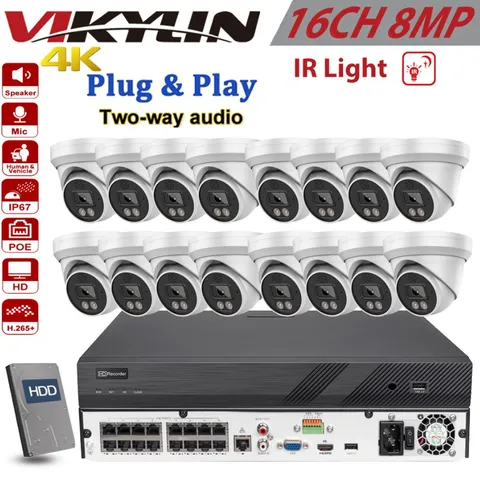 Vikylin 16CH 16POE NVR 4K 8MP IR Light Turret IP Camera POE 2 Way Audio Lot