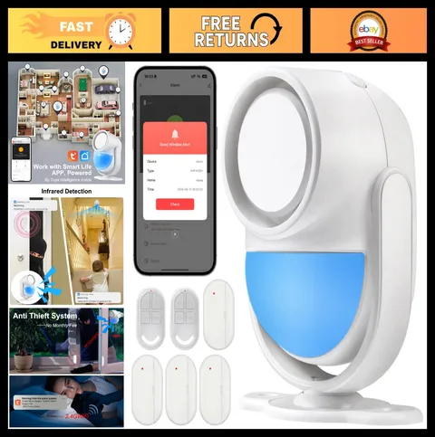 WiFi Motion Detector Alarm System with 4 Door Sensors & 2 Remotes, 120dB Alert