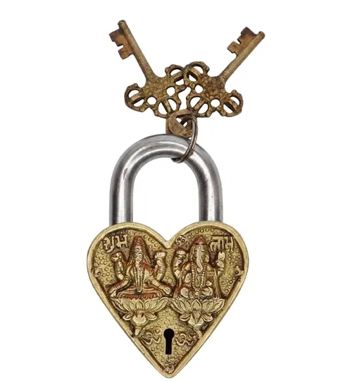 Lakshmi Ganesha Heart Shape Padlock Antique Style Handcrafted Brass Door Lock