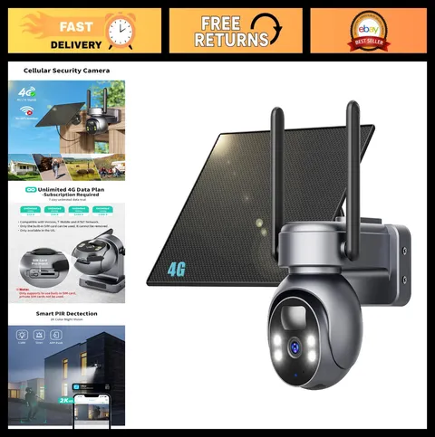 4G LTE Solar Security Camera, 2K Outdoor, No WiFi Needed, Color Night Vision, PI