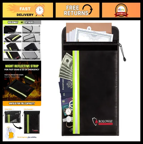 Fireproof Cash & Document Envelope, Waterproof Zipper, 2 Pockets, 15x11 inch, Bl
