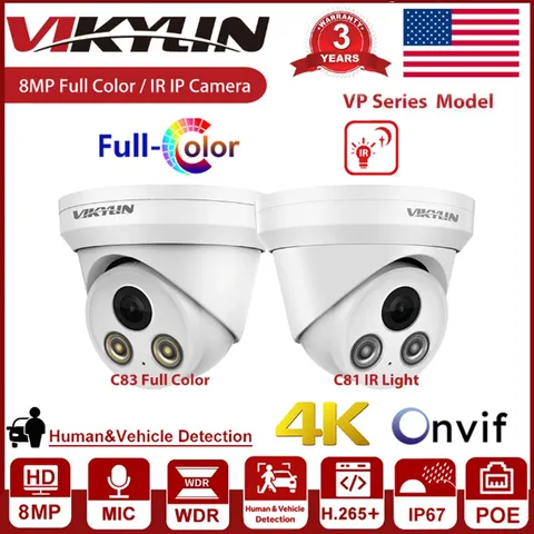 Vikylin 4K 8MP Full Color / IR Light CCTV Outdoor IP POE Camera w/ Audio ONVIF