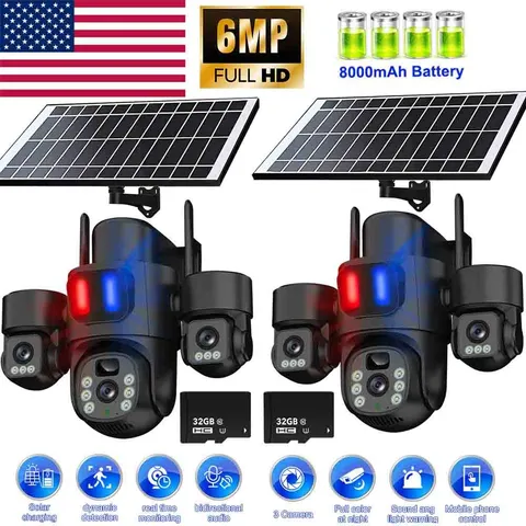 3 Lens Solar Battery Home Security Camera Outdoor Wifi Wireless PTZ CCTV NEW