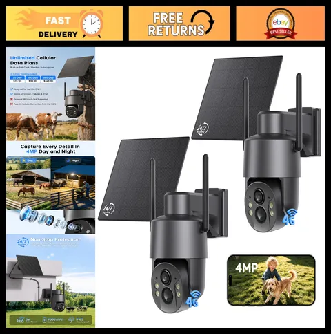 4G LTE Solar-Powered Security Camera 24/7 Recording, 4MP, Wireless Outdoor, Colo