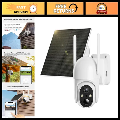 4G LTE Solar Security Camera with SIM Card, 2K Wireless Outdoor, 360° View, Colo