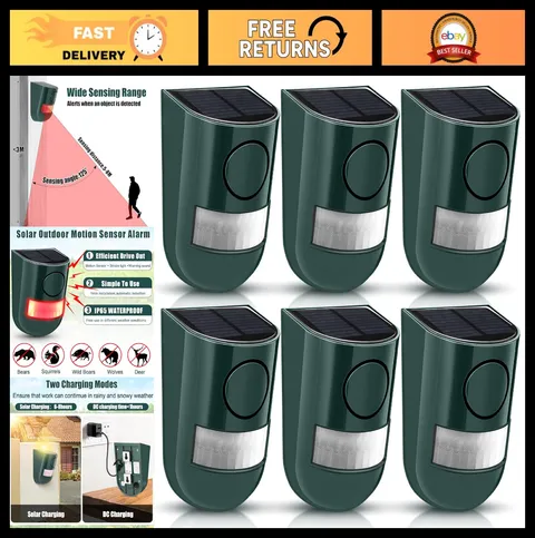 6 Pack Solar Motion Sensor Alarm 129dB Outdoor Strobe Light - Green LED Security