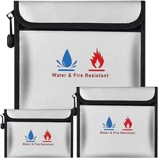 Fireproof Waterproof Money Document Bag - 3 Pack Safe Upgraded Zipper Bags, F...