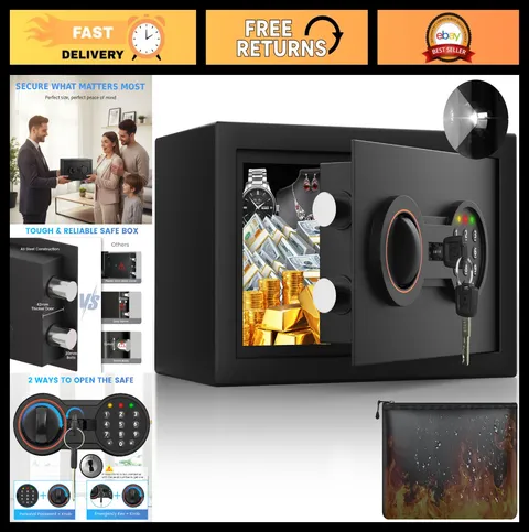 Compact Home Safe with Fireproof Waterproof Bag | Alarm System, LED Light, Wall/