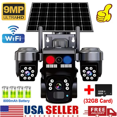 3 Lens Solar Battery Powered Home Security Camera Outdoor Wifi Wireless PTZ CCTV