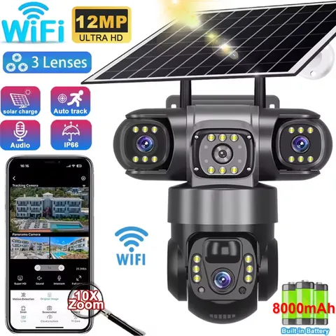 3 Lens 12MP Solar Battery Home Security Camera Outdoor Wifi Wireless PT CCTV USA