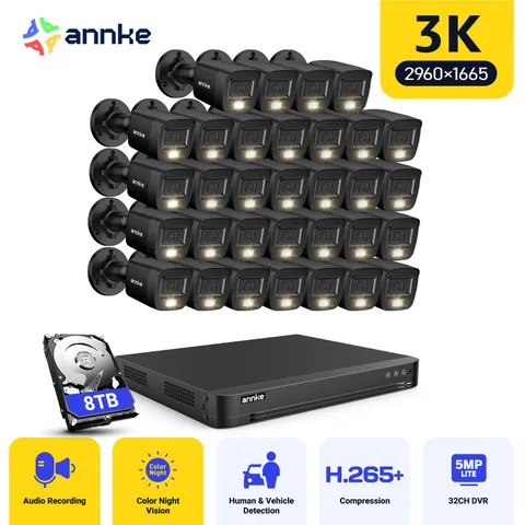 ANNKE 32CH 3K Lite DVR 5MP Audio AI Color Night CCTV Security Camera System IP67