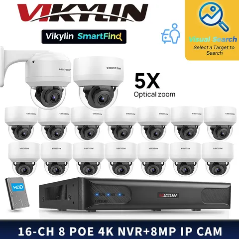 VIKYLIN SmartFind 8POE 16CH NVR System 5XZoom Night Version 8MP IP Camera MD Lot