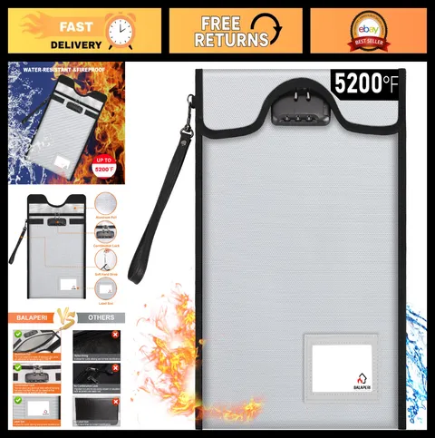 Fireproof Waterproof Document Bag with Lock - 15"x11" for A4, A5, Cash, Jewelry