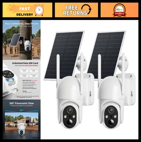 2 Pack Solar Powered 4G LTE Security Cameras, No WiFi, 2K Night Vision, 360° Vie