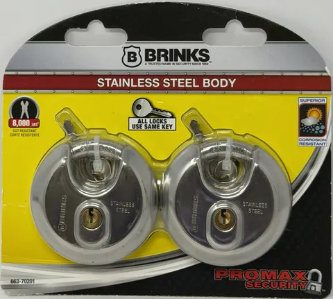 2 pack BRINKS Stainless Steel 70mm Keyed Discus Padlock 5/8in Shackle 663-70201