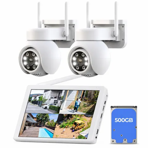 Wireless Security Camera System with 10" LCD Monitor, 2PCS 3MP PT Outdoor Camera