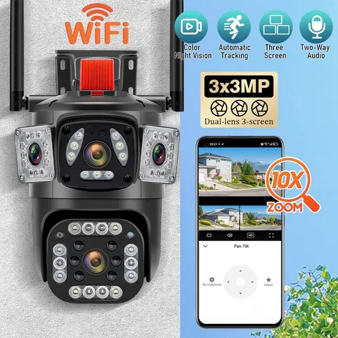 9MP 3-Lens PTZ WiFi Security Camera Outdoor 360° Color Night Vision Auto Track