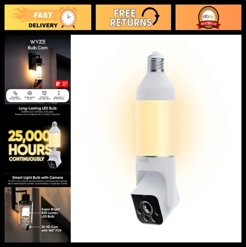 2K HD Smart Light Bulb Security Camera, WiFi Enabled, E26 Socket, Home Surveilla