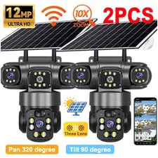 2xSolar Camera 3Lens 12MP Battery Home Security Outdoor Wifi Night Vision Camera