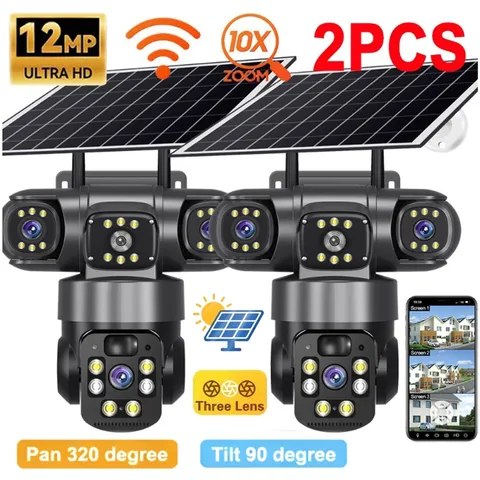2xSolar Camera 3Lens 12MP Battery Home Security Outdoor Wifi Night Vision Camera