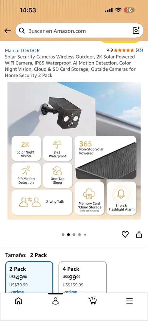 TOVDOR 2K Solar Wireless Wi-Fi Outdoor Cameras 2-Pack Black