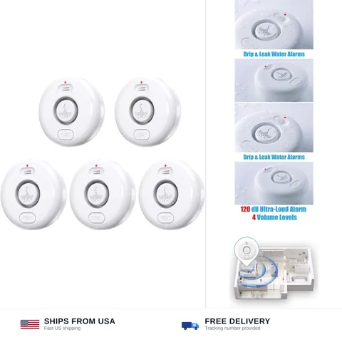 5 Pack Water Leak Alarm Detector, 120dB Loud Alert Water Sensor, IP66 Waterpr...