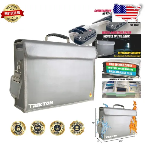 Fireproof Document Bag XXL, TSA Lock, Water Resistant, 17.5", Flexible, High-Viz
