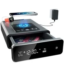 Biometric Discreet Gun Safe with 12-Hour Time Clock Display, Wireless Chargin...
