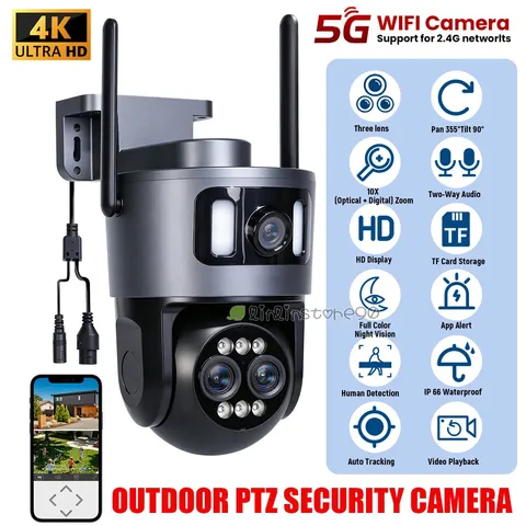 3 Lens 4K 5G WiFi PTZ Security Camera 1-10X Zoom Outdoor Home Color Night Vision