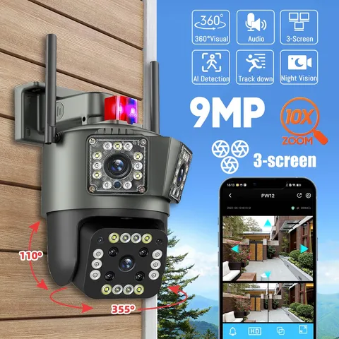 3 Lens Camara De Seguridad 9MP HD Wifi Para Casa Exterior Con Vision Nocturna US
