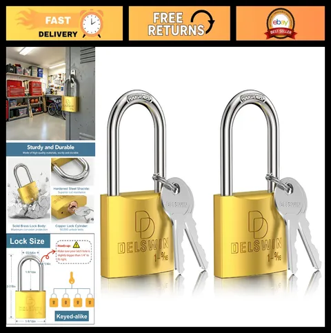 Weatherproof Heavy Duty Padlock with Key - Solid Brass 1-9/16" Shackle, 2 Pack