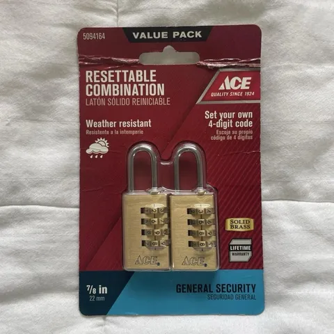 NIB Ace Hardware 7/8 Inch/22 mm Resettable Combination Solid Brass Padlock Set