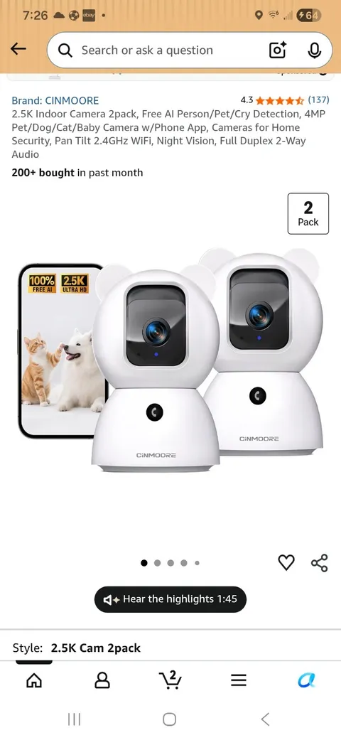 2.5K Indoor Camera 2pack, NonSubscription AI Person/Pet/Cry Detection, 4MP Pe...
