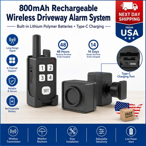 1/4 Mile Wireless Driveway Alarm System Rechargeable Waterproof Motion Sensor