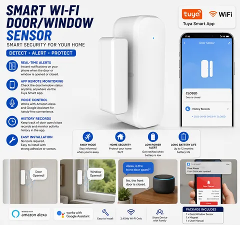 2Pcs Wifi Wireless Door and Window Sensor, Smart Security Door Contact Alarm