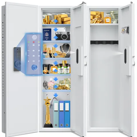 53'' Hidden Wall Safe, Biometric Gun Safe with 5 Adjustable Shelf & Dual Alarm