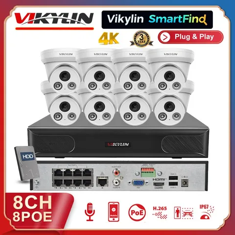 Vikylin SmartFind 4K 8ch 8 POE CCTV System 8MP IP Camera Outdoor IR30 Audio Lot