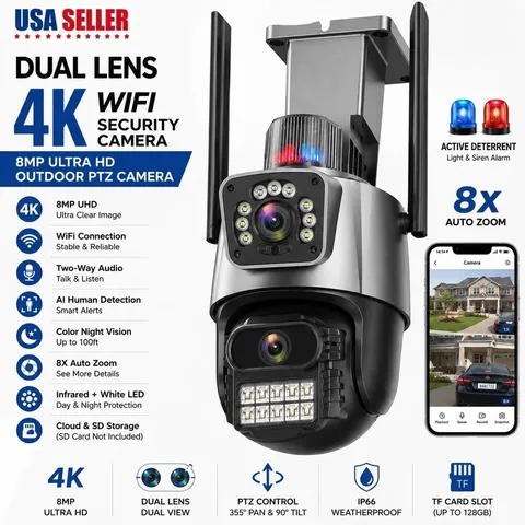 Dual Lens 4K WiFi Security Camera 8X Zoom Outdoor Home Night Vision CCTV PTZ US