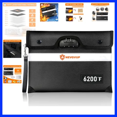 6200°F Upgraded Fireproof Money Bag with Lock, Fireproof Bag for A5 Documents...