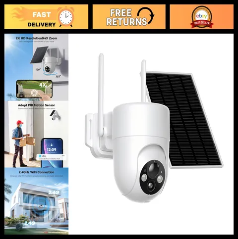Wireless Solar Security Camera 2K Color Night Vision, 360° View, Battery Powered
