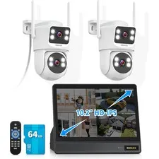 (2026 New) 2K Wireless Security Camera System with 10" Monitor, Dual Lens PT ...