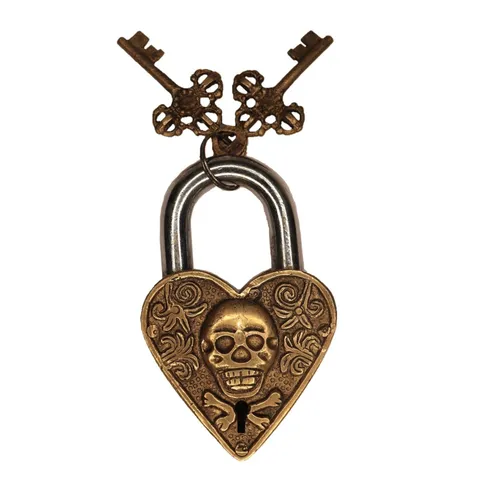 Heart Shape Skull Engraved Antique Style Handmade Brass Padlock with Working Key